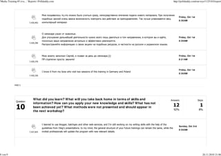 'Media Training #3 eva…' Reports | Polldaddy.com                                                                                                                         http://polldaddy.com/surveys/1125183/report




                                                           ,                                ,                                                         .
                                                                                                                                                                             Friday, Oct 1st
                                                                                                                                   .
                                                                                                                                                                             8:36AM
                          7,420,403




                                                                         .
                                                                                                                                       ,                      ,              Friday, Oct 1st
                                                                                                             .                                                               8:39AM
                          7,420,390
                                                                                                                 ,                                                 .



                                                                     ,                                .)))                                                                   Friday, Oct 1st
                                        -                  :         !                                                                                                       8:21AM
                          7,420,376



                                                                                                                                                                             Friday, Oct 1st
                                      I know it from my boss who visit two sessions of this training in Germany and Poland
                                                                                                                                                                             8:36AM
                          7,420,326



            PAGE 5




                             What did you learn? W hat w ill you take back home in terms of skills and                                                                 Answers                 Skips
              Question
                             information? How can you apply your new knowledge and skills? What has not
                             been achieved yet? What methods were not presented and should appear in
                                                                                                                                                                         92%                    8%
                             the next workshop?



                                      I learned to use blogger, batchgeo and other web-services; and I'm still working on my writing skills with the help of the
                                                                                                                                                                             Sunday, Oct 3rd
                                      guidelines from Oleg's presentations. to my mind, the general structure of your future trainings can remain the same, while the
                                                                                                                                                                             8:58AM
                          7,437,825   invited professionals will update the program with new relevant details.




8 von 9                                                                                                                                                                                            26.11.2010 21:06
 