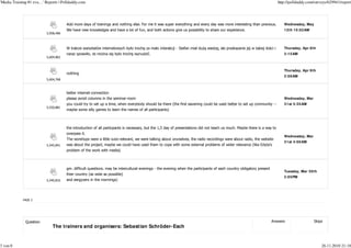 'Media Training #1 eva…' Reports | Polldaddy.com                                                                                                                            http://polldaddy.com/surveys/629941/report




                                      Add more days of trainings and nothing else. For me it was super everything and every day was more interesting than previous.            Wednesday, May
                                      We have new knowledges and have a lot of fun, and both actions give us possibility to share our experience.                              12th 10:02AM
                          5,958,496



                                      W trakcie warsztatów internetowych by o troch za ma o interakcji - Stefan mia du      wiedz , ale przekazanie jej w takiej ilo ci i      Thursday, Apr 8th
                                      naraz sprawi o, e mo na si by o troch wynudzi .                                                                                          3:15AM
                          5,604,862



                                                                                                                                                                               Thursday, Apr 8th
                                      nothing
                                                                                                                                                                               2:58AM
                          5,604,768



                                      better internet-connection
                                      please avoid columns in the seminar-room                                                                                                 Wednesday, Mar
                                      you could try to set up a time, when everybody should be there (the first eavening could be used better to set up community --           31st 5:35AM
                          5,550,881
                                      maybe some silly games to learn the names of all participants)



                                      the introduction of all particpants is necessary, but the 1,5 day of presentations did not teach us much. Maybe there is a way to
                                      overpass it.
                                                                                                                                                                               Wednesday, Mar
                                      The worshops were a little outo-relevant, we were talking about orurselves, the radio recordings were about radio, the website
                                                                                                                                                                               31st 4:00AM
                          5,545,841   was about the project, maybe we could have used them to cope with some external problems of wider relevance (like Edyta's
                                      problem of the work with media)



                                      gm. difficult questions. may be intercultural evenings - the evening when the participants of each country obligatory present
                                                                                                                                                                               Tuesday, Mar 30th
                                      their country (as wide as possible)
                                                                                                                                                                               2:05PM
                          5,540,816   and eergyzers in the mornings)




            PAGE 2




              Question                                                                                                                                                Answers                   Skips
                             The trainers and organisers: Sebastian Schröder-Esch


3 von 8                                                                                                                                                                                              26.11.2010 21:18
 