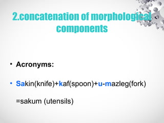 2.concatenation of morphological
components
• Acronyms:
• Sakin(knife)+kaf(spoon)+u-mazleg(fork)
=sakum (utensils)
 