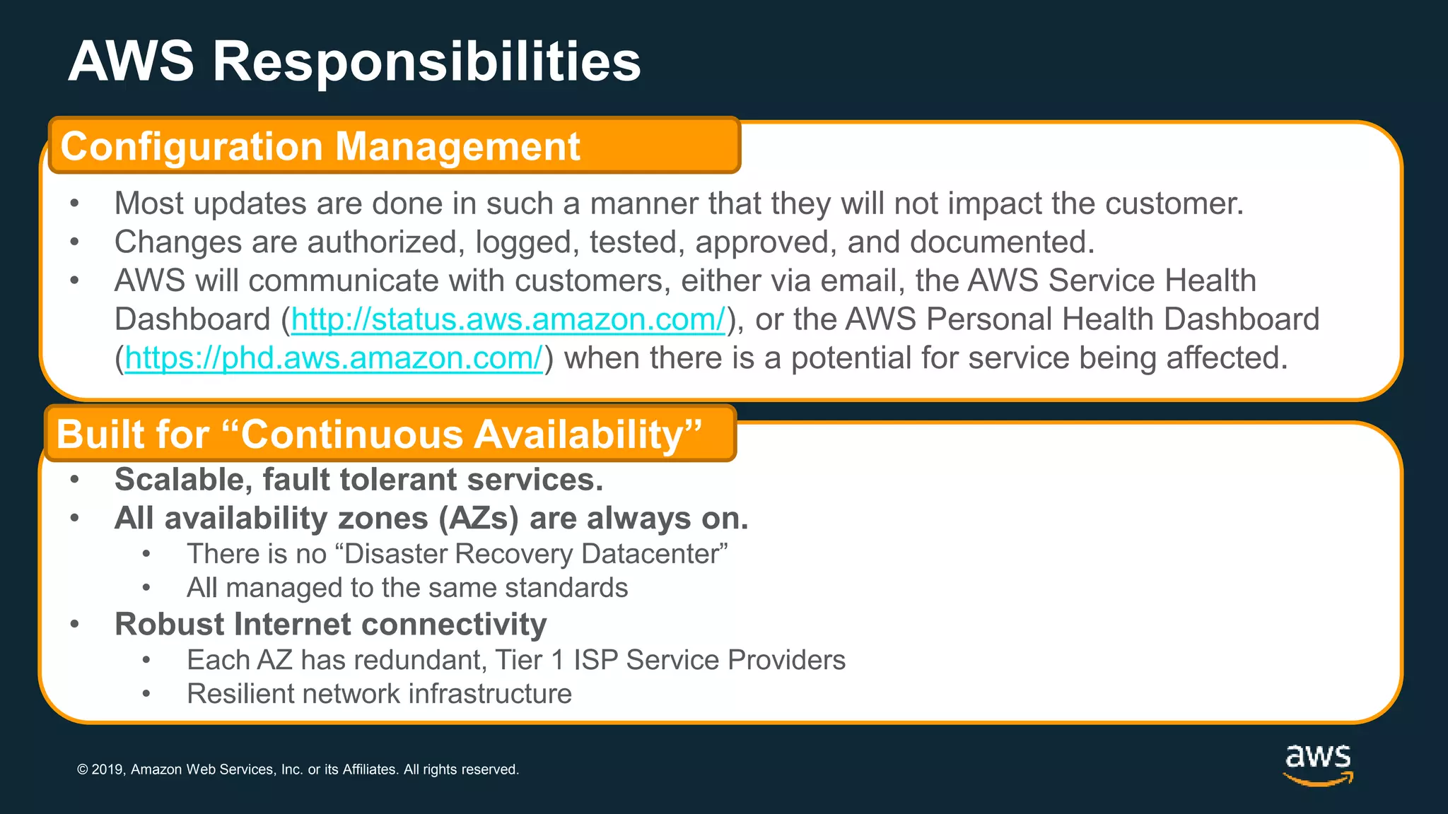 © 2019, Amazon Web Services, Inc. or its Affiliates. All rights reserved.
• Most updates are done in such a manner that they will not impact the customer.
• Changes are authorized, logged, tested, approved, and documented.
• AWS will communicate with customers, either via email, the AWS Service Health
Dashboard (http://status.aws.amazon.com/), or the AWS Personal Health Dashboard
(https://phd.aws.amazon.com/) when there is a potential for service being affected.
AWS Responsibilities
Configuration Management
• Scalable, fault tolerant services.
• All availability zones (AZs) are always on.
• There is no “Disaster Recovery Datacenter”
• All managed to the same standards
• Robust Internet connectivity
• Each AZ has redundant, Tier 1 ISP Service Providers
• Resilient network infrastructure
Built for “Continuous Availability”
 
