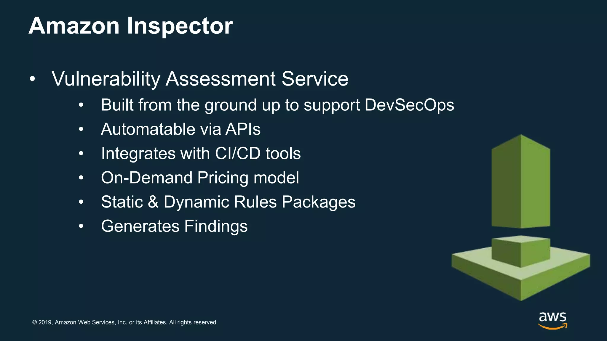 © 2019, Amazon Web Services, Inc. or its Affiliates. All rights reserved.
Amazon Inspector
• Vulnerability Assessment Service
• Built from the ground up to support DevSecOps
• Automatable via APIs
• Integrates with CI/CD tools
• On-Demand Pricing model
• Static & Dynamic Rules Packages
• Generates Findings
 