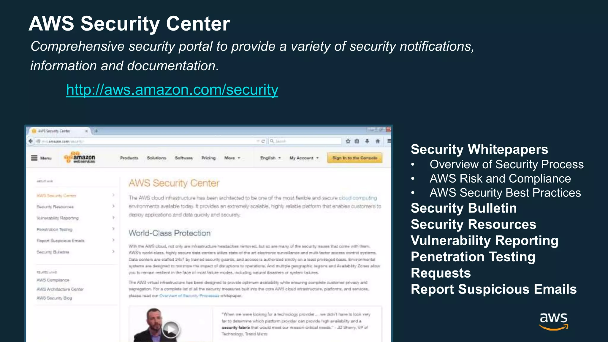© 2019, Amazon Web Services, Inc. or its Affiliates. All rights reserved.
AWS Security Center
Comprehensive security portal to provide a variety of security notifications,
information and documentation.
Security Whitepapers
• Overview of Security Process
• AWS Risk and Compliance
• AWS Security Best Practices
Security Bulletin
Security Resources
Vulnerability Reporting
Penetration Testing
Requests
Report Suspicious Emails
http://aws.amazon.com/security
 