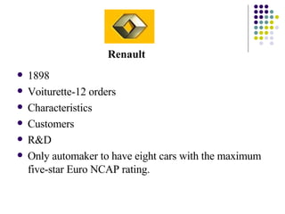 1898 Voiturette-12 orders Characteristics Customers  R&D Only automaker to have eight cars with the maximum five-star Euro NCAP rating.  Renault 