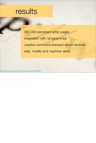 results

                              380,000 persistent artist pages
                              integration with /pro...