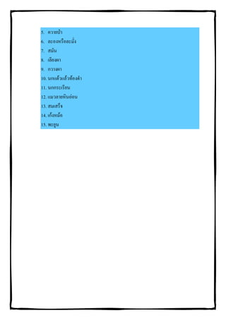 5. ควายปา
6. ละองหรือละมั่ง
7. สมัน
8. เลียงผา
9. กวางผา
10. นกแตวแลวทองดํา
11. นกกระเรียน
12. แมวลายหินออน
13. สมเสร็จ
14. เกงหมอ
15. พะยูน
 
