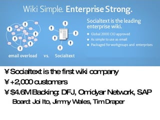 Socialtext is the first wiki company +2,000 customers $4.6M Backing: DFJ, Omidyar Network, SAP Board: Joi Ito, Jimmy Wales, Tim Draper Socialtext 