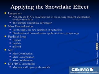 Applying the Snowflake Effect Uniqueness Not only are YOU a snowflake but so too is every moment and situation a unique snowflake The ultimate competitive advantage? Mass Personalization Just the right, the new definition of perfection Pluralization of Personalization; applies to teams, groups, orgs Feedback loops Explicit Implicit inferred MC 3  :  Mass Contribution Mass Customization Mass Collaboration DIY/BYO Assemblies Mashups and Legos are the models 