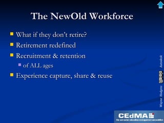 The NewOld Workforce What if they don’t retire?  Retirement redefined Recruitment & retention of ALL ages Experience capture, share & reuse 