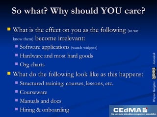 So what? Why should YOU care? What is the effect on you as the following  (as we know them)  become irrelevant: Software applications  (watch widgets) Hardware and most hard goods  Org charts What do the following look like as this happens: Structured training; courses, lessons, etc. Courseware Manuals and docs Hiring & onboarding 