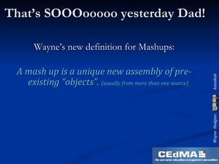 That’s SOOOooooo yesterday Dad! Wayne’s new definition for Mashups: A mash up is a unique new assembly of pre-existing “objects”.  (usually from more than one source) 