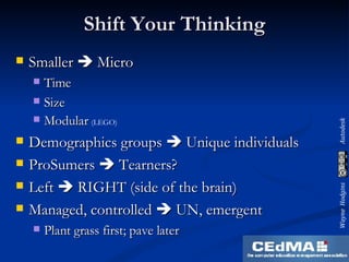 Shift Your Thinking Smaller    Micro Time Size Modular  (LEGO) Demographics groups    Unique individuals ProSumers    Tearners? Left    RIGHT (side of the brain) Managed, controlled    UN, emergent Plant grass first; pave later 