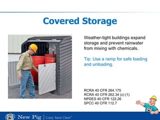 Covered Storage Weather-tight buildings expand storage and prevent rainwater  from mixing with chemicals. Tip: Use a ramp for safe loading  and unloading. RCRA 40 CFR 264.175 RCRA 40 CFR 262.34 (c) (1) NPDES 40 CFR 122.26 SPCC 40 CFR 112.7 