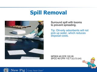 Spill Removal Surround spill with booms to prevent spreading. Tip: Oil-only adsorbents will not pick up water, which reduces disposal costs. NPDES 40 CFR 122.26 SPCC 40 CFR 112.7 (c) (1) (vii) 