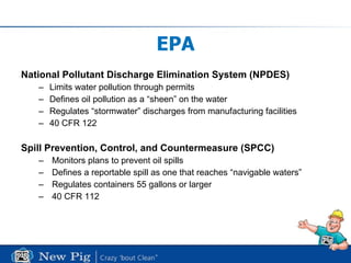 EPA National Pollutant Discharge Elimination System (NPDES) Limits water pollution through permits  Defines oil pollution as a “sheen” on the water Regulates “stormwater” discharges from manufacturing facilities 40 CFR 122 Spill Prevention, Control, and Countermeasure (SPCC)   Monitors plans to prevent oil spills Defines a reportable spill as one that reaches “navigable waters” Regulates containers 55 gallons or larger 40 CFR 112 