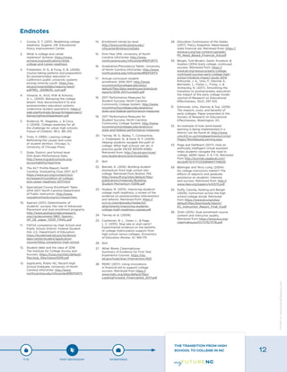 1.	 Conley, D. T. (2011). Redefining college
readiness. Eugene, OR: Educational
Policy Improvement Center.
2.	 What is college and career
readiness? Achieve. https://www.
achieve.org/publications/what-
college-and-career-readiness
3.	 Finkelstein, N. D., & Fong, A. B. (2008).
Course-taking patterns and preparation
for postsecondary education in
California’s public university systems
among minority youth. https://ies.
ed.gov/ncee/edlabs/regions/west/
pdf/REL_2008035_sum.pdf
4.	 Venezia, A., Kirst, M.W. & Antonio,
A. L., (2003). Betraying the college
dream: How disconnected K-12 and
postsecondary education systems
undermine student aspirations. https://
web.stanford.edu/group/bridgeproject/
betrayingthecollegedream.pdf
5.	 Roderick, M., Nagaoka, J., & Coca,
V. (2009). College readiness for all:
the challenge for urban high schools.
Future of Children, 19(1), 185-210.
6.	 Tinto, V. (1993). Leaving college:
Rethinking the causes and cures
of student attrition. Chicago, IL:
University of Chicago Press.
7.	 State, District, and School-level
Drill-down Performance Data.
http://www.ncpublicschools.org/
accountability/reporting
8.	 The ACT Profile Report, North
Carolina. Graduating Class 2017. ACT.
https://www.act.org/content/act/
en/research/condition-of-college-
and-career-readiness-2017.html
9.	 Specialized Course Enrollment Table,
2014-2017. North Carolina Department
of Public Instruction. http://www.
ncpublicschools.org/src/researchers
10.	 Speroni (2011), Determinants of
students’ success: the role of Advanced
Placement and dual enrollment programs.
http://www.postsecondaryresearch.
org/i/a/document/19811_Speroni_
AP_DE_paper_110311_FINAL.pdf
11.	 FAFSA completion by High School and
Public School District. Federal Student
Aid, U.S. Department of Education.
https://studentaid.ed.gov/sa/about/
data-center/student/application-
volume/fafsa-completion-high-school
12.	 Student debt and the class of 2016.
The Institute for College Access and
Success. https://ticas.org/sites/default/
files/pub_files/classof2016.pdf
13.	 Applicants, Public NC, Recent High
School Graduate. University of North
Carolina InfoCenter. http://www.
northcarolina.edu/infocenter#REPORTS
14.	 Enrollment trends by level.
http://www.northcarolina.edu/
infocenter#interactiveData
15.	 First-Year GPA. University of North
Carolina InfoCenter. http://www.
northcarolina.edu/infocenter#REPORTS
16.	 Graduation/Persistence Tables. University
of North Carolina InfoCenter. http://www.
northcarolina.edu/infocenter#REPORTS
17.	 Annual curriculum student
enrollment, 2016-2017. http://www.
nccommunitycolleges.edu/sites/
default/files/data-warehouse/statistical-
reports/2016-2017cursta01.pdf
18.	 2017 Performance Measures for
Student Success, North Carolina
Community College System. http://www.
nccommunitycolleges.edu/analytics/
state-and-federal-performance-measures
19.	 2017 Performance Measures for
Student Success, North Carolina
Community College System. http://www.
nccommunitycolleges.edu/analytics/
state-and-federal-performance-measures
20.	 Tierney, W. G., Bailey, T., Constantine,
J., Finkelstein, N., & Hurd, N. F. (2009).
Helping students navigate the path to
college: What high schools can do: A
practice guide (NCEE #2009-4066).
Retrieved from: http://ies.ed.gov/ncee/
wwc/publications/practiceguides
21.	 Ibid
22.	 Barnett, E. (2016). Building student
momentum from high school into
college. Retrieved from Boston, MA:
http://www.jff.org/sites/default/files/
publications/materials/Building-
Student-Momentum-112916.pdf
23.	 Hodara, M. (2013). Improving students’
college math readiness: a review of the
evidence on postsecondary interventions
and reforms. Retrieved from: https://
ccrc.tc.columbia.edu/media/k2/
attachments/improving-students-
college-math-readiness-capsee.pdf
24.	 Tierney et al. (2009).
25.	 Castleman, B. L., Owen, L., & Page,
L. C. (2015). Stay late or start early?
Experimental evidence on the benefits
of college matriculation support from
high school versus colleges. Economics
of Education Review, 47, 168-179
26.	 Ibid.
27.	 What Works Clearinghouse
Summary of Evidence for First Year
Experience Courses. https://ies.
ed.gov/ncee/wwc/Intervention/825
28.	 MDRC (2017). Using innovations
in financial aid to support college
success. Retrieved from https://
www.mdrc.org/sites/default/files/
LookingForward_FinancialAid_2017.pdf
29.	 Education Commission of the States
(2017). Policy Snapshot: Need-based
state financial aid. Retrieved from: https://
www.ecs.org/wp-content/uploads/
PS_Need_Based_Financial_Aid.pdf
30.	 Berger, Turk-Bicakci, Garet, Knudson, &
Hoshen (2014) Early college, continued
success. Retrieved from: https://
www.air.org/resource/early-college-
continued-success-early-college-high-
school-initiative-impact-study-2014;
Edmunds, J. A., Unlu, F., Glennie, E.,
Bernstein, L., Fesler, L., Furey, J., &
Arshavsky, N. (2017). Smoothing the
transition to postsecondary education:
the impact of the early college model.
Journal of Research on Educational
Effectiveness, 10(2), 297-325.
31.	 Edmunds, Unlu, Glennie, & Tsai. (2018).
The impacts, costs, and benefits of
early colleges. Paper presented at the
Society of Research on Educational
Effectiveness, Washington, DC.
32.	 An example of how work-based
learning is being implemented in a
district can be found at: http://www.
cms.k12.nc.us/cmsdepartments/ci/cte/
Pages/WorkBasedLearning.aspx
33.	 Page and Gehlbach (2017). How an
artificially intelligent virtual assistant
helps students navigate the road to
college. AERA Open, 3: 4, 1-12. Retrieved
from http://journals.sagepub.com/
doi/pdf/10.1177/2332858417749220
34.	 Bettinger and Terry Long, (2004).
Do college instructors matter? The
effects of adjuncts and graduate
assistance on students’ interests
and success. Retrieved from: http://
www.nber.org/papers/w10370.pdf
35.	 Duffy, Cassidy, Keating and Berger
(2009). Instruction across the high
school-college divide. Retrieved
from https://www.air.org/sites/
default/files/downloads/report/
EC_Instruction_Report_Final_0.pdf
36.	 Zinth (2015). Dual enrollment course
content and instructor quality.
Retrieved from https://www.ecs.org/
clearinghouse/01/17/16/11716.pdf
Endnotes
P-12 POST-SECONDARY WORKFORCE
THE TRANSITION FROM HIGH
SCHOOL TO COLLEGE IN NC 12
Designbywww.AdrialDesigns.com
 