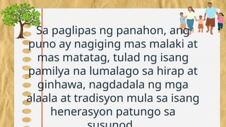 Sa paglipas ng panahon, ang
puno ay nagiging mas malaki at
mas matatag, tulad ng isang
pamilya na lumalago sa hirap at
ginhawa, nagdadala ng mga
alaala at tradisyon mula sa isang
henerasyon patungo sa
 