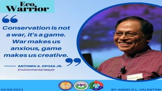 “Pagbabago ng Klima at Intergenerational
Justice”
Noong 1993, isang batang
abogado na nagngangalang
Antonio Oposa ang
nagdemanda sa Department of
Environment and Natural
Resources (DENR) at
ng kalihim nito, si “Jun”
Factoran, upang ihinto ang
 