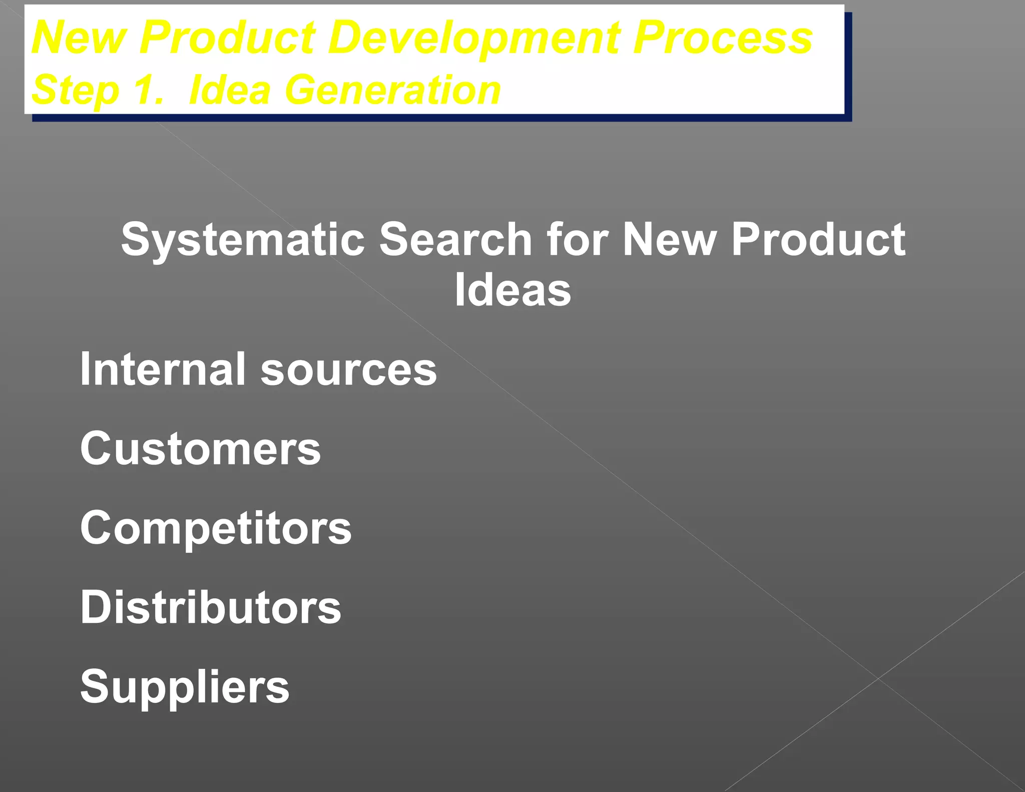 New Product Development Process
New Product Development Process
Step 1. Idea Generation
Step 1. Idea Generation


    Systematic Search for New Product
                  Ideas
  Internal sources
  Customers
  Competitors
  Distributors
  Suppliers
 