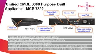Unified CMBE 3000 Purpose Built
Appliance - MCS 7890
                                           External MoH
                                                            Network Port
                                              source
                                                                                Serial Port




 Power ON
                 Front View     2 integrated T-1/E-1      Rear View        2 USB ports for SW
                                   gateway ports.
                                                                             upload/keyboard


  Purpose built appliance with integrated voice gateway
  Factory installed, ready for configuration right out of the box
  Support for wall mounting and rack mounting.
  Onboard DSPs for hardware-based conferencing and transcoding media resources
  Cisco 300 series and Catalyst 2960 series recommended for switching infrastructure
 