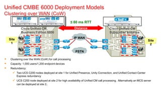 Unified CMBE 6000 Deployment Models
Clustering over WAN (CoW)
                                                     ≤ 80 ms RTT
              Cisco Unified CM,                          Distance                     Cisco Unified CM
              Business Edition 6000                                                   Subscriber Instance

    Site                                                 IP WAN
                                                                                                                      Site
     1                                                                                                                 2

                                                          PSTN

    Clustering over the WAN (CoW) for call processing
    Capacity: 1,000 users/1,200 endpoint devices
    Redundancy:
       Two UCS C200 nodes deployed at site 1 for Unified Presence, Unity Connection, and Unified Contact Center
           Express redundancy
       UCS C200 node deployed at site 2 for high availability of Unified CM call processing. Alternatively an MCS server
           can be deployed at site 2.
 