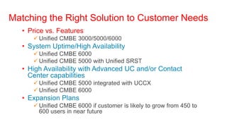 Matching the Right Solution to Customer Needs
  • Price vs. Features
      Unified CMBE 3000/5000/6000
  • System Uptime/High Availability
      Unified CMBE 6000
      Unified CMBE 5000 with Unified SRST
  • High Availability with Advanced UC and/or Contact
    Center capabilities
      Unified CMBE 5000 integrated with UCCX
      Unified CMBE 6000
  • Expansion Plans
      Unified CMBE 6000 if customer is likely to grow from 450 to
       600 users in near future
 