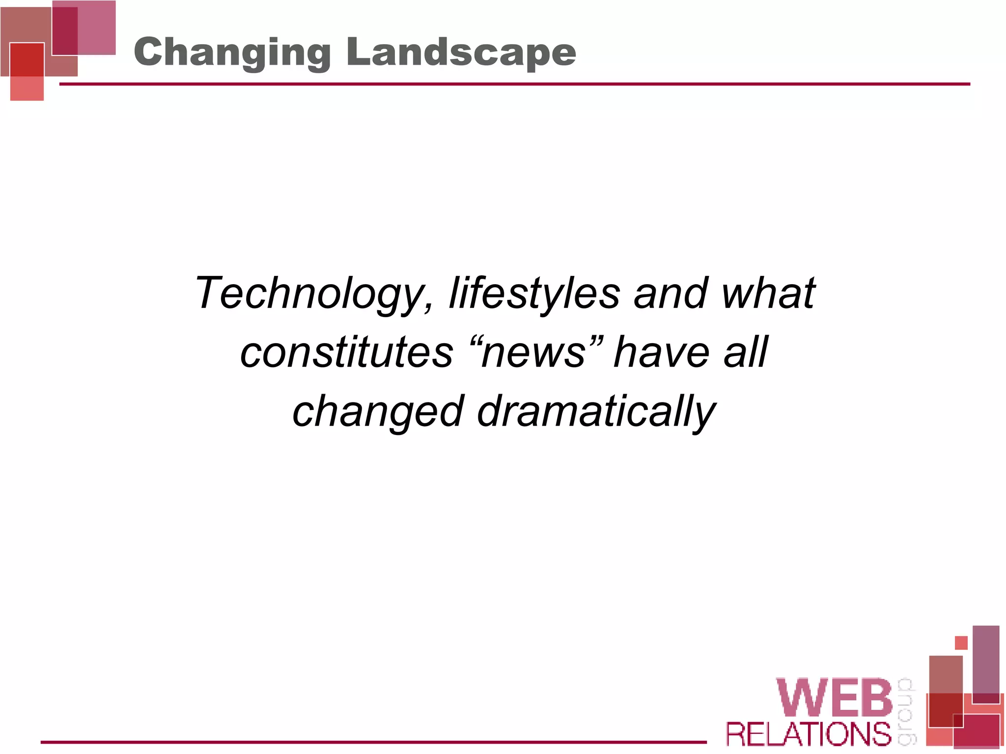 Technology, lifestyles and what constitutes “news” have all changed dramatically Changing Landscape 