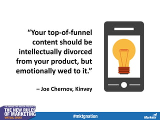 “Your top-of-funnel
content should be
intellectually divorced
from your product, but
emotionally wed to it.”
– Joe Chernov, Kinvey
 