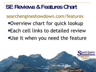 SE Reviews & Features Chart searchengineshowdown.com /features Overview chart for quick lookup Each cell links to detailed review Use it when you need the feature 