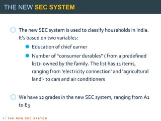 THE NEW SEC SYSTEM


         The new SEC system is used to classify households in India.
         It’s based on two varia...