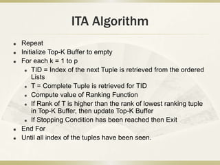 ITA Algorithm
   Repeat
   Initialize Top-K Buffer to empty
   For each k = 1 to p
      TID = Index of the next Tuple is retrieved from the ordered

        Lists
      T = Complete Tuple is retrieved for TID

      Compute value of Ranking Function

      If Rank of T is higher than the rank of lowest ranking tuple

        in Top-K Buffer, then update Top-K Buffer
      If Stopping Condition has been reached then Exit

   End For
   Until all index of the tuples have been seen.
 