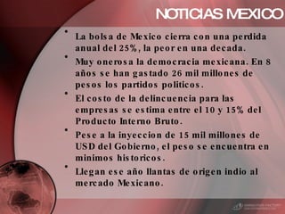 NOTICIAS MEXICO <ul><li>La bolsa de Mexico cierra con una perdida anual del 25%, la peor en una decada. </li></ul><ul><li>...