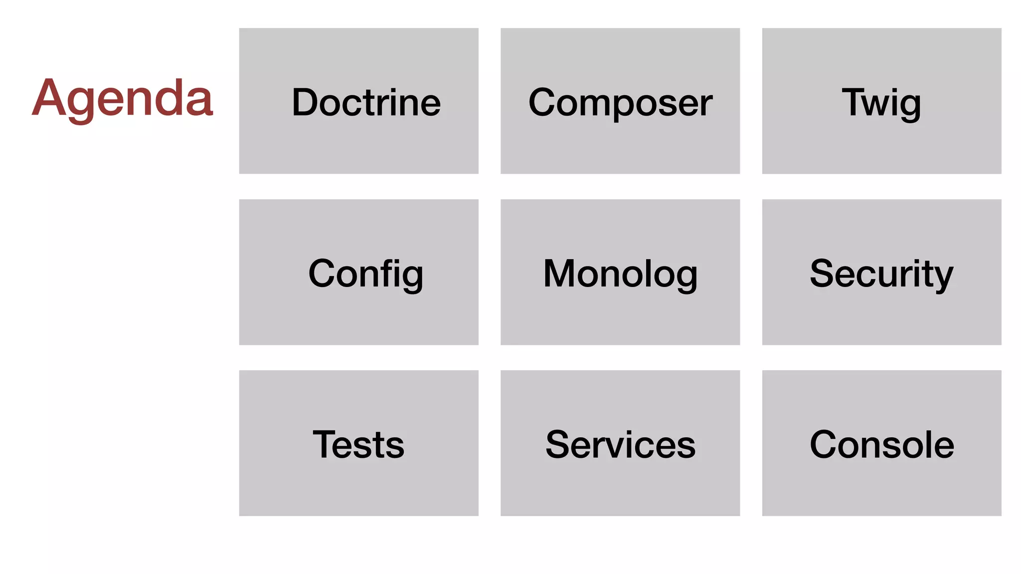 Agenda Doctrine Composer Twig
Conﬁg Monolog Security
Tests Services Console
 