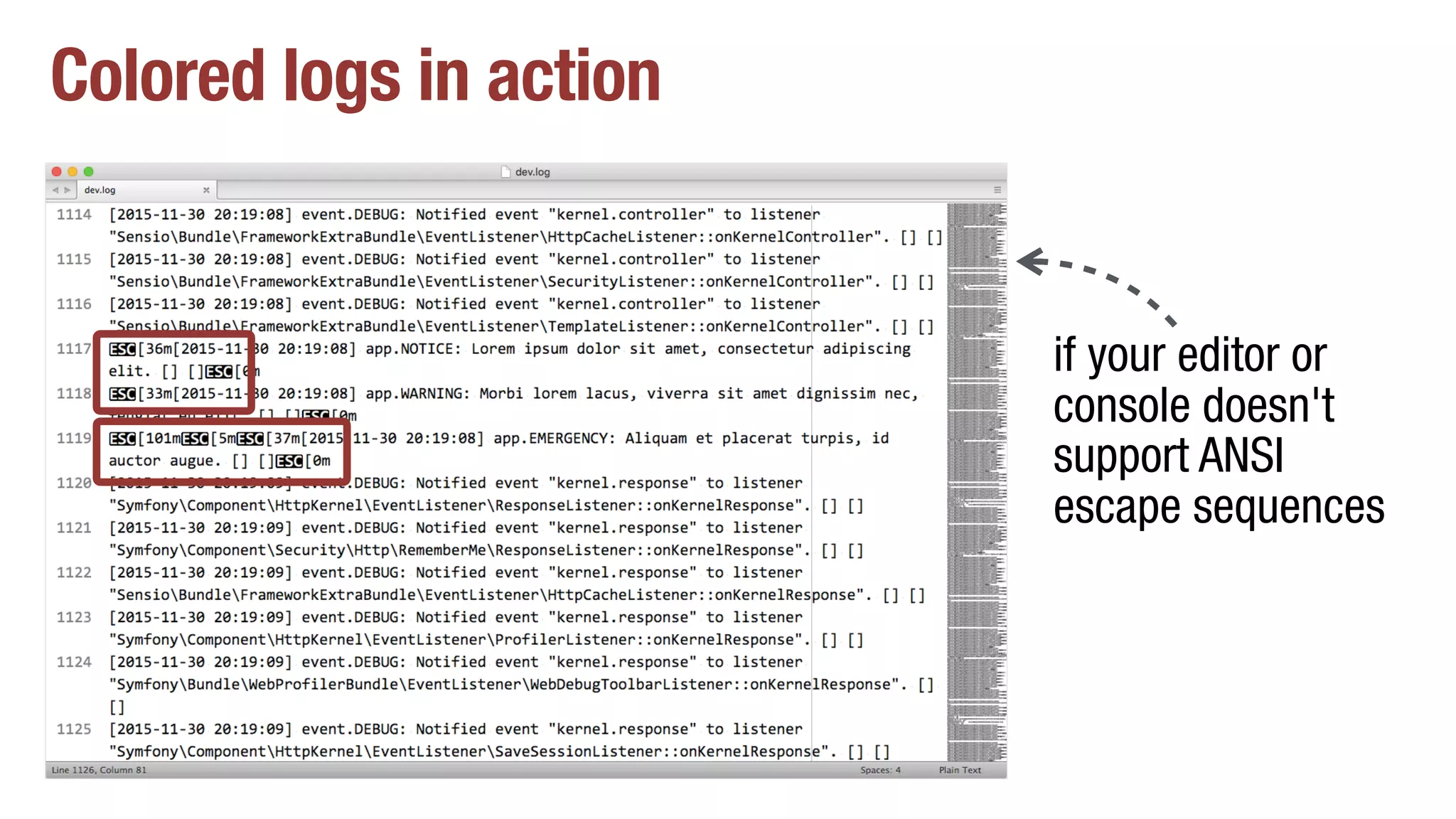 Colored logs in action
if your editor or
console doesn't
support ANSI
escape sequences
 