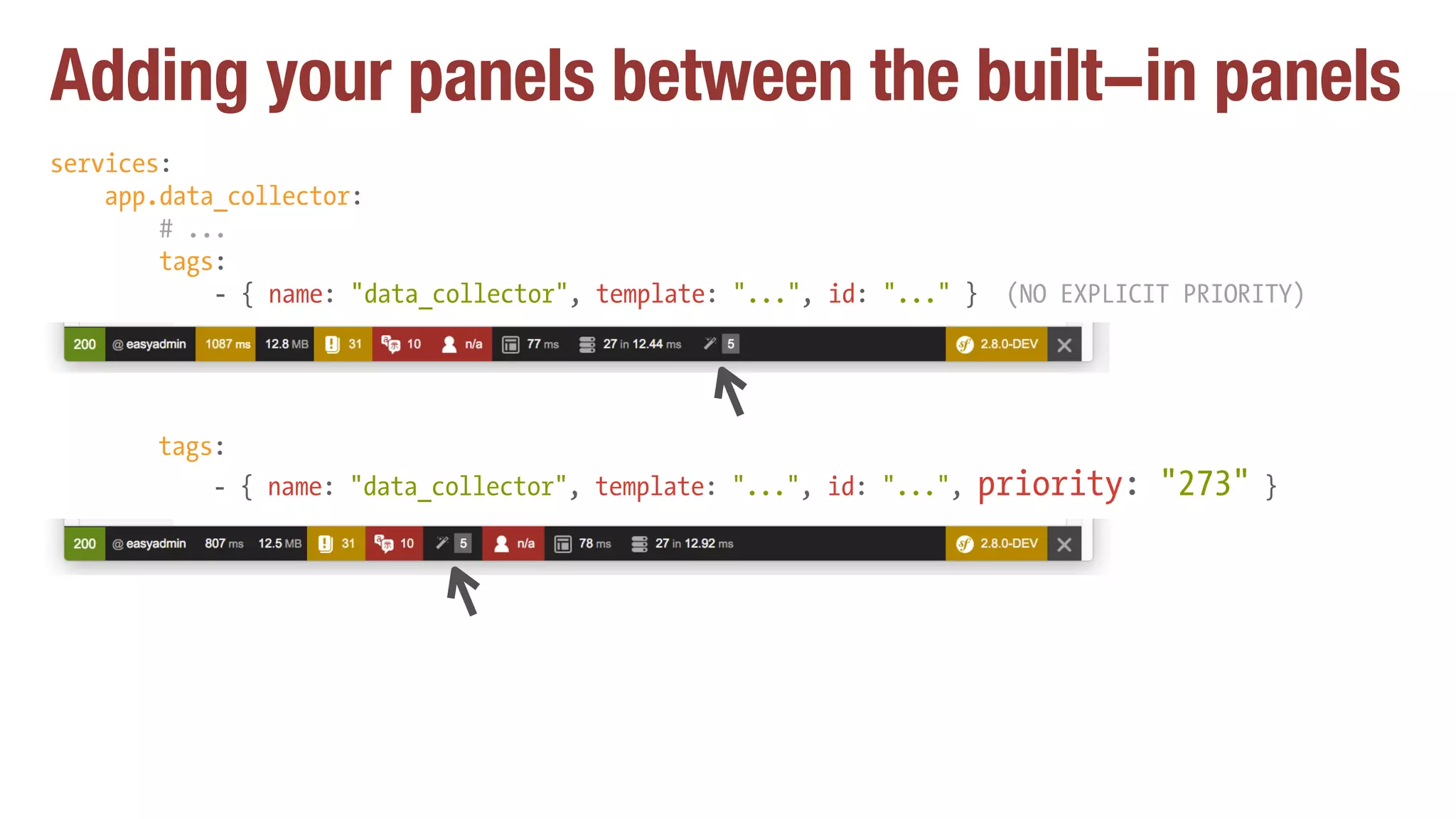 Adding your panels between the built-in panels
services:
app.data_collector:
# ...
tags:
- { name: "data_collector", template: "...", id: "..." } (NO EXPLICIT PRIORITY)
tags:
- { name: "data_collector", template: "...", id: "...", priority: "273" }
 