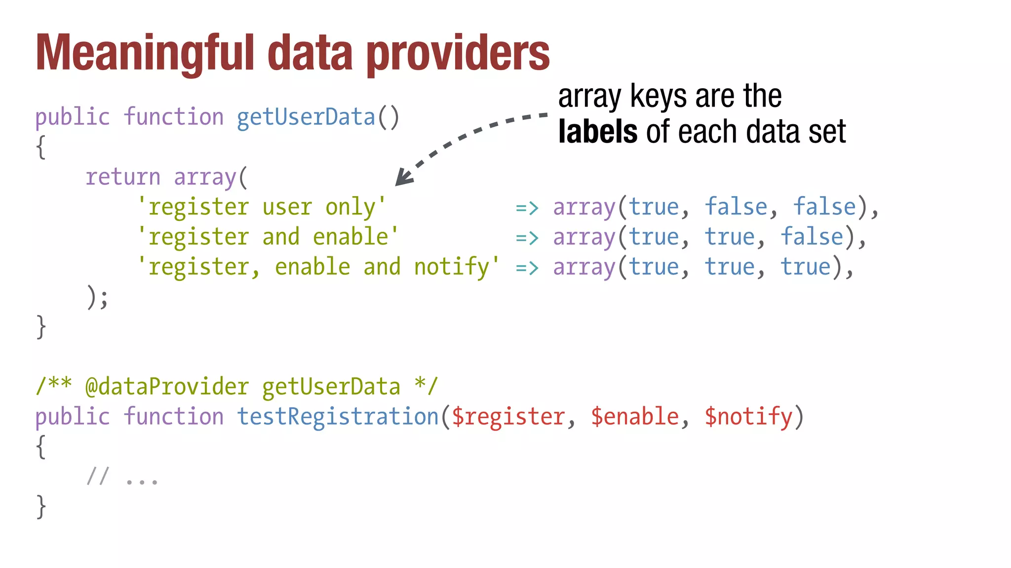 Meaningful data providers
public function getUserData()
{
return array(
'register user only' => array(true, false, false),
'register and enable' => array(true, true, false),
'register, enable and notify' => array(true, true, true),
);
}
/** @dataProvider getUserData */
public function testRegistration($register, $enable, $notify)
{
// ...
}
array keys are the
labels of each data set
 