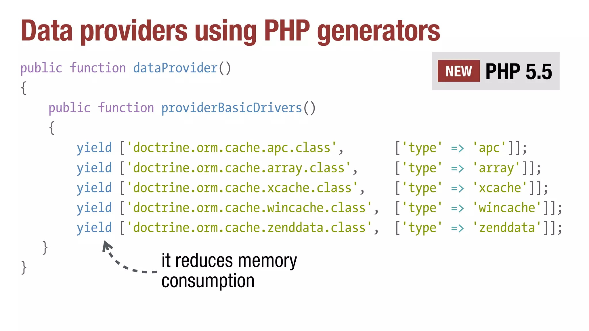 Data providers using PHP generators
public function dataProvider()
{
public function providerBasicDrivers()
{
yield ['doctrine.orm.cache.apc.class', ['type' => 'apc']];
yield ['doctrine.orm.cache.array.class', ['type' => 'array']];
yield ['doctrine.orm.cache.xcache.class', ['type' => 'xcache']];
yield ['doctrine.orm.cache.wincache.class', ['type' => 'wincache']];
yield ['doctrine.orm.cache.zenddata.class', ['type' => 'zenddata']];
}
}
PHP 5.5NEW
it reduces memory
consumption
 