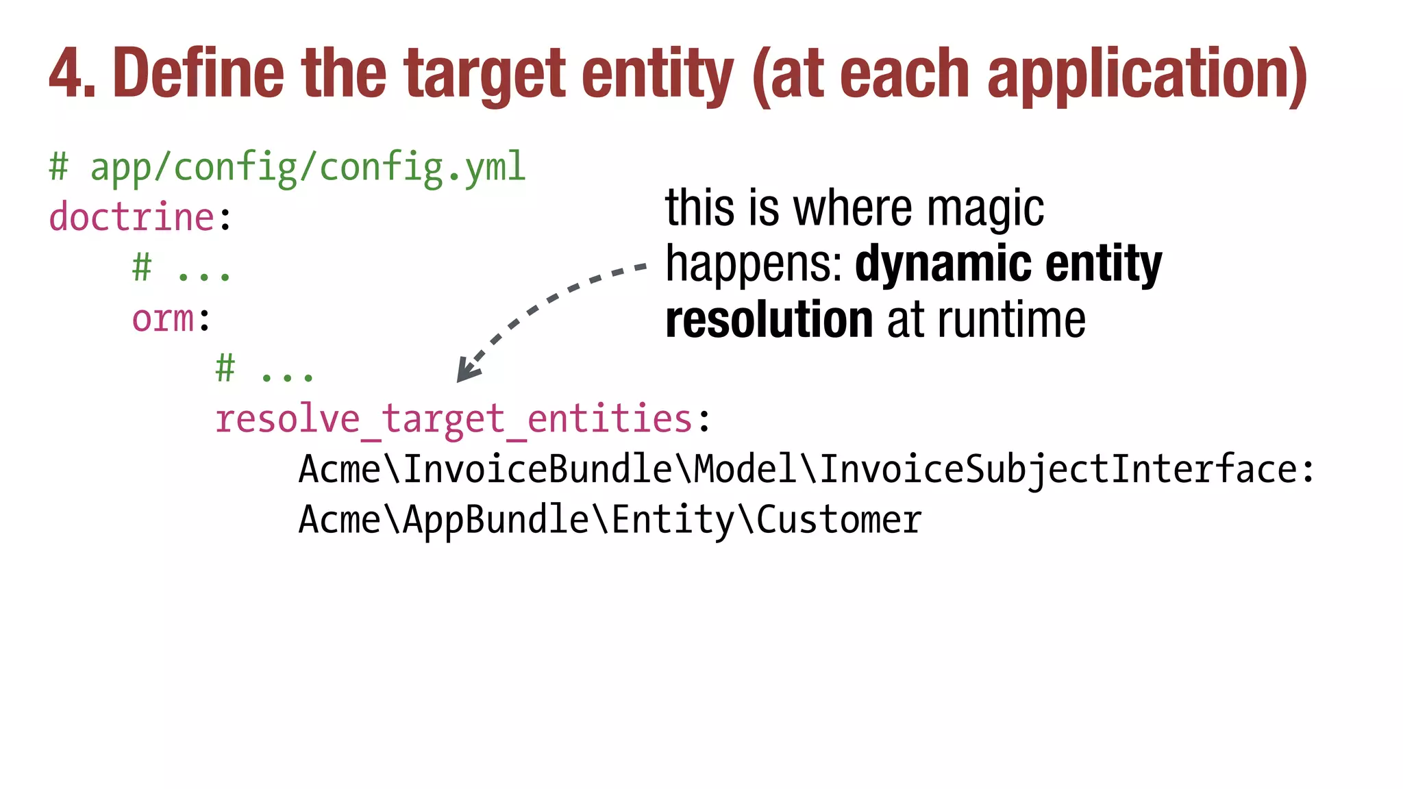 4. Define the target entity (at each application)
# app/config/config.yml
doctrine:
# ...
orm:
# ...
resolve_target_entities:
AcmeInvoiceBundleModelInvoiceSubjectInterface:
AcmeAppBundleEntityCustomer
this is where magic
happens: dynamic entity
resolution at runtime
 