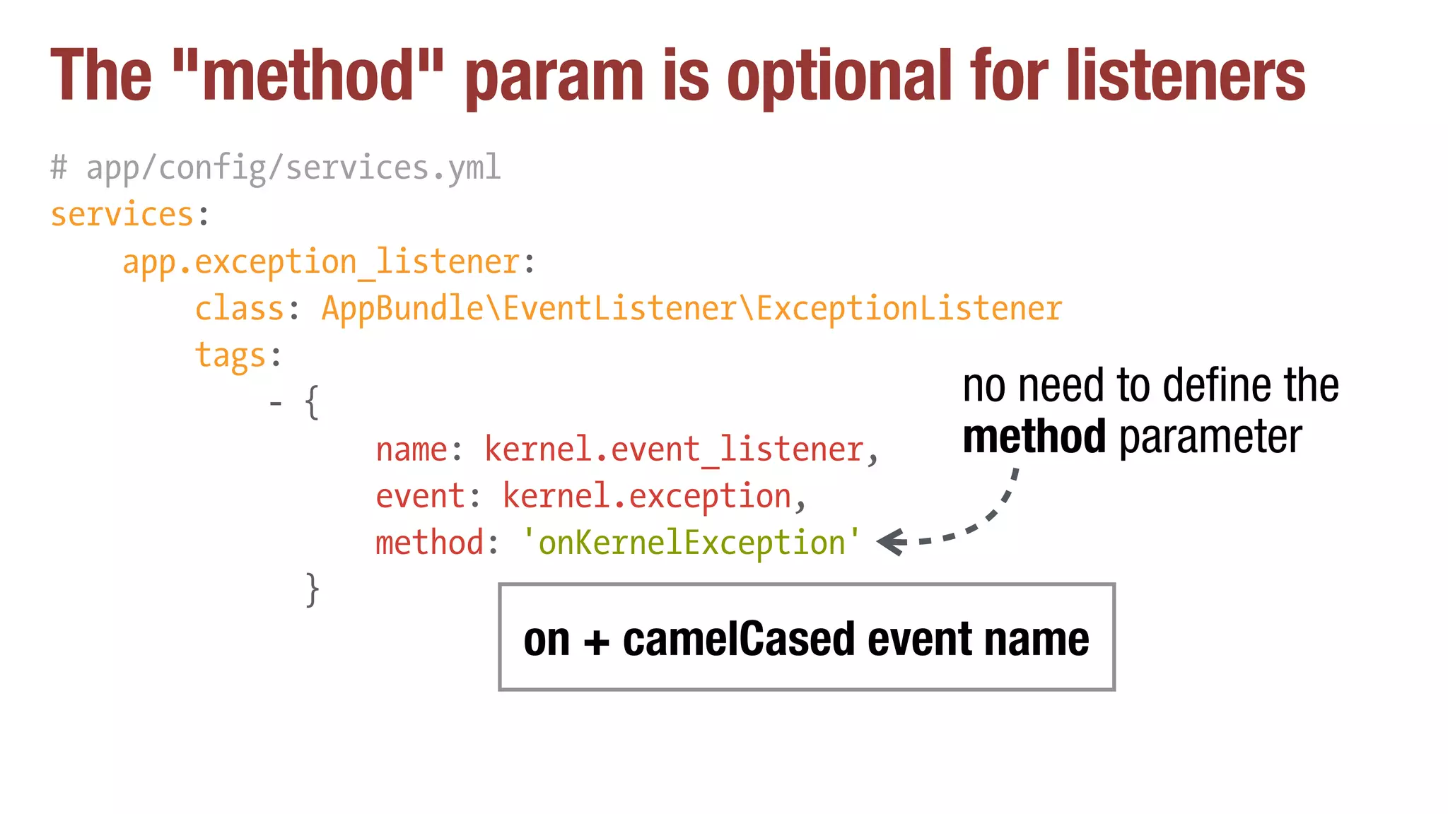 The "method" param is optional for listeners
# app/config/services.yml
services:
app.exception_listener:
class: AppBundleEventListenerExceptionListener
tags:
- {
name: kernel.event_listener,
event: kernel.exception,
method: 'onKernelException'
}
no need to define the
method parameter
on + camelCased event name
 