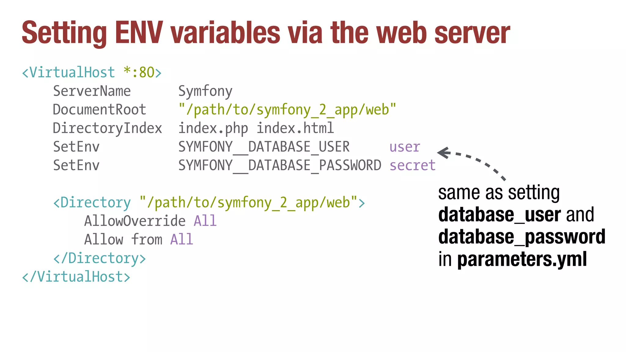 Setting ENV variables via the web server
<VirtualHost *:80>
ServerName Symfony
DocumentRoot "/path/to/symfony_2_app/web"
DirectoryIndex index.php index.html
SetEnv SYMFONY__DATABASE_USER user
SetEnv SYMFONY__DATABASE_PASSWORD secret
<Directory "/path/to/symfony_2_app/web">
AllowOverride All
Allow from All
</Directory>
</VirtualHost>
same as setting
database_user and
database_password
in parameters.yml
 