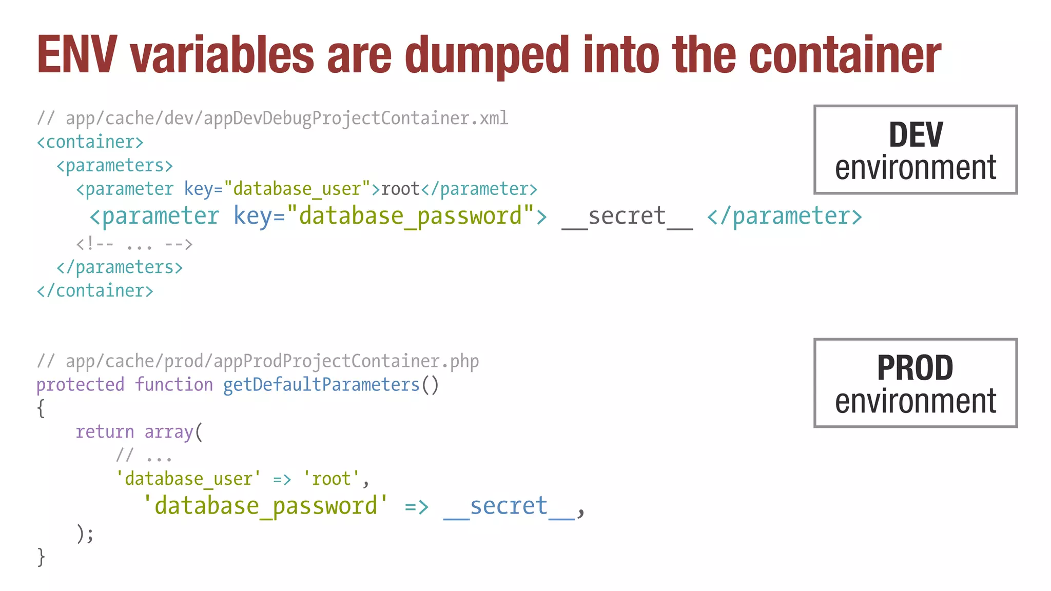 ENV variables are dumped into the container
// app/cache/dev/appDevDebugProjectContainer.xml
<container>
<parameters>
<parameter key="database_user">root</parameter>
<parameter key="database_password"> __secret__ </parameter>
<!-- ... -->
</parameters>
</container>
// app/cache/prod/appProdProjectContainer.php
protected function getDefaultParameters()
{
return array(
// ...
'database_user' => 'root',
'database_password' => __secret__,
);
}
DEV
environment
PROD
environment
 