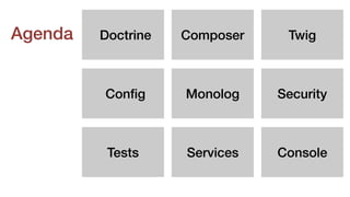 Agenda Doctrine Composer Twig
Conﬁg Monolog Security
Tests Services Console
 