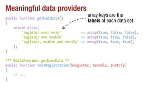 Meaningful data providers
public function getUserData()
{
return array(
'register user only' => array(true, false, false),
'register and enable' => array(true, true, false),
'register, enable and notify' => array(true, true, true),
);
}
/** @dataProvider getUserData */
public function testRegistration($register, $enable, $notify)
{
// ...
}
array keys are the
labels of each data set
 