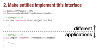 2. Make entities implement this interface
use DoctrineORMMapping as ORM;
use AcmeInvoiceBundleModelInvoiceSubjectInterface;
/** @ORMEntity */
class User implements InvoiceSubjectInterface
{
// ...
}
/** @ORMEntity */
class Company implements InvoiceSubjectInterface
{
// ...
}
different
applications
 