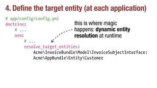 4. Define the target entity (at each application)
# app/config/config.yml
doctrine:
# ...
orm:
# ...
resolve_target_entities:
AcmeInvoiceBundleModelInvoiceSubjectInterface:
AcmeAppBundleEntityCustomer
this is where magic
happens: dynamic entity
resolution at runtime
 