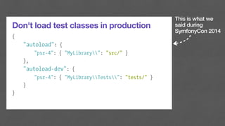 This is what we
said during
SymfonyCon 2014
Don't load test classes in production
{
"autoload": {
"psr-4": { "MyLibrary": "src/" }
},
"autoload-dev": {
"psr-4": { "MyLibraryTests": "tests/" }
}
}
 