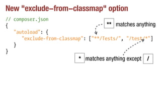 New "exclude-from-classmap" option
// composer.json
{
"autoload": {
"exclude-from-classmap": ["**/Tests/", "/test/*"]
}
}
** matches anything
* matches anything except /
 