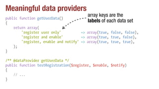 Meaningful data providers
public function getUserData()
{
return array(
'register user only' => array(true, false, false),...