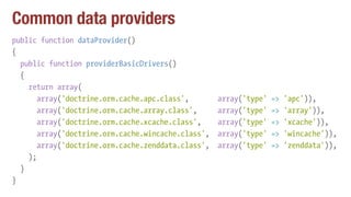 Common data providers
public function dataProvider()
{
public function providerBasicDrivers()
{
return array(
array('doctr...