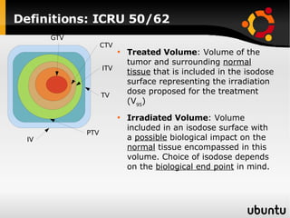 Definitions: ICRU 50/62 GTV CTV ITV PTV TV IV Treated Volume : Volume of the tumor and surrounding  normal tissue  that is included in the isodose surface representing the irradiation dose proposed for the treatment (V 95 ) Irradiated Volume : Volume included in an isodose surface with a  possible  biological impact on the  normal  tissue encompassed in this volume. Choice of isodose depends on the  biological end point  in mind. 