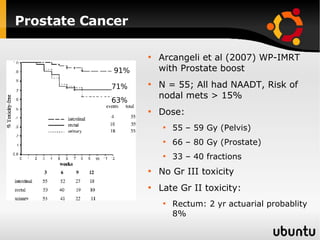 Prostate Cancer Arcangeli et al (2007) WP-IMRT with Prostate boost N = 55; All had NAADT, Risk of nodal mets > 15% Dose: 55 – 59 Gy (Pelvis) 66 – 80 Gy (Prostate) 33 – 40 fractions No Gr III toxicity Late Gr II toxicity: Rectum: 2 yr actuarial probablity 8% 91% 71% 63% 